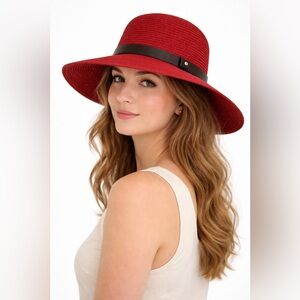 Sun And Sand Elegant Red Wide-Brim Straw Sun Hat with Brown Band